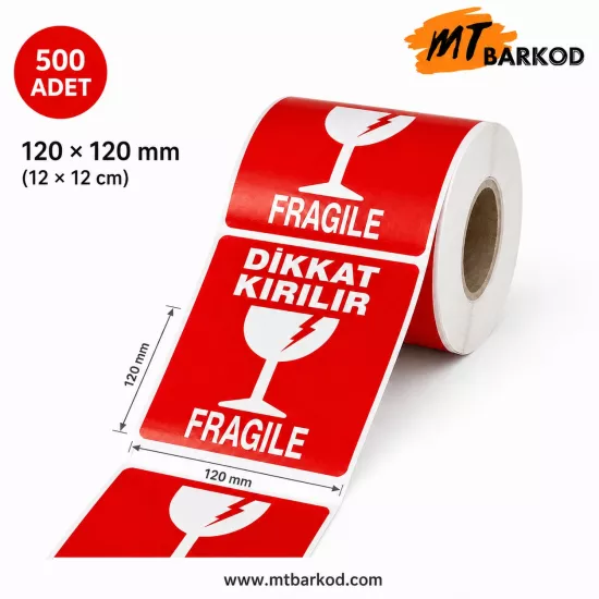 120x120 Dikkat Kırılır Etiketi, Kırılır Koli Etiketi, 12x12 Dikkat Uyarı Etiketi