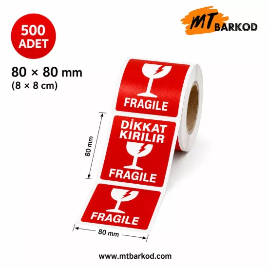 80x80 Dikkat Kırılır Etiketi (500) Sarım; Dikkat Kırılır Koli Etiketi, 8x8 Güvenlik Etiketi